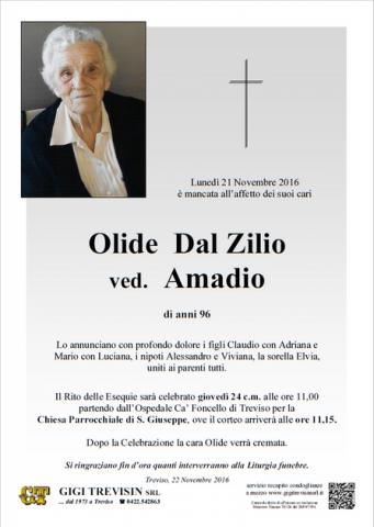 Necrologio Olide Dal Zilio ved. Amadio