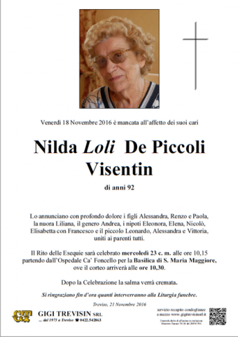 Necrologio Nilda De Piccoli Visentin