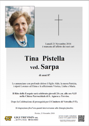 Necrologio Tina Pistella ved. Sarpa