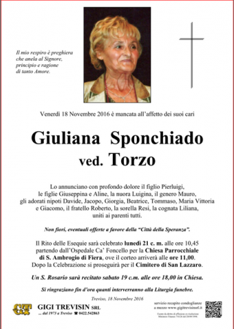 Necrologio Giuliana Sponchiado ved. Torzo